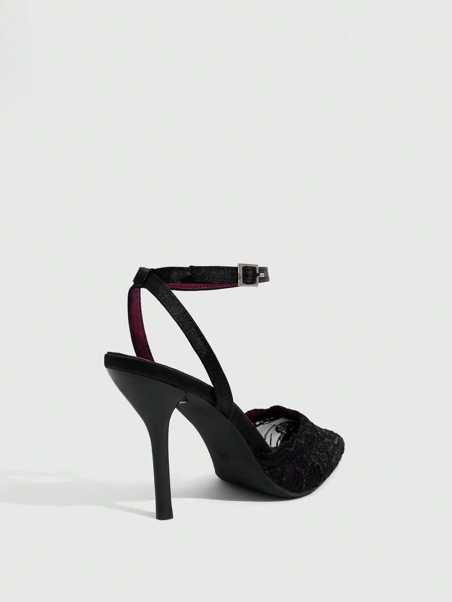 Women's stiletto high heel shoes featuring an elegant buckle detail and ankle strap slingback design.
