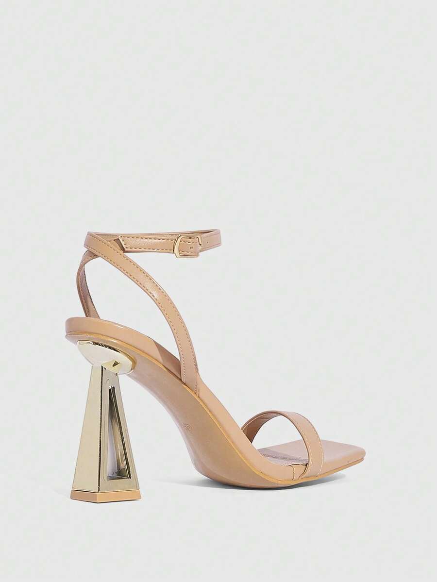 Pair of champagne square toe chunky high heel sandals featuring an open toe design and an adjustable ankle buckle strap.