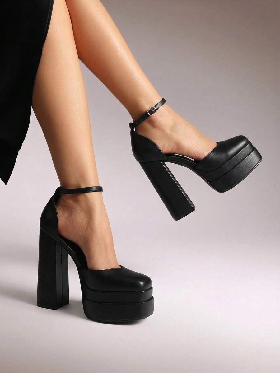 Women's ultra high platform block heels in smooth PU leather with square toe and adjustable buckle ankle strap.