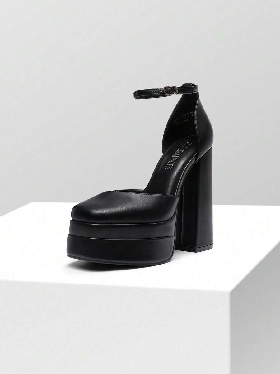 Women's ultra high platform block heels in smooth PU leather with square toe and adjustable buckle ankle strap.