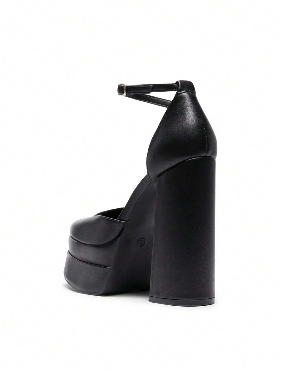 Women's ultra high platform block heels in smooth PU leather with square toe and adjustable buckle ankle strap.