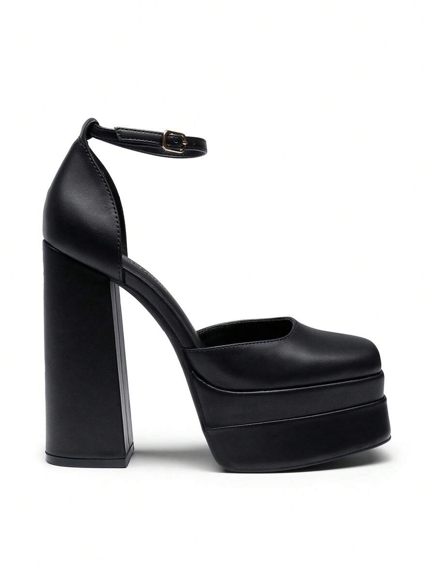 Women's ultra high platform block heels in smooth PU leather with square toe and adjustable buckle ankle strap.