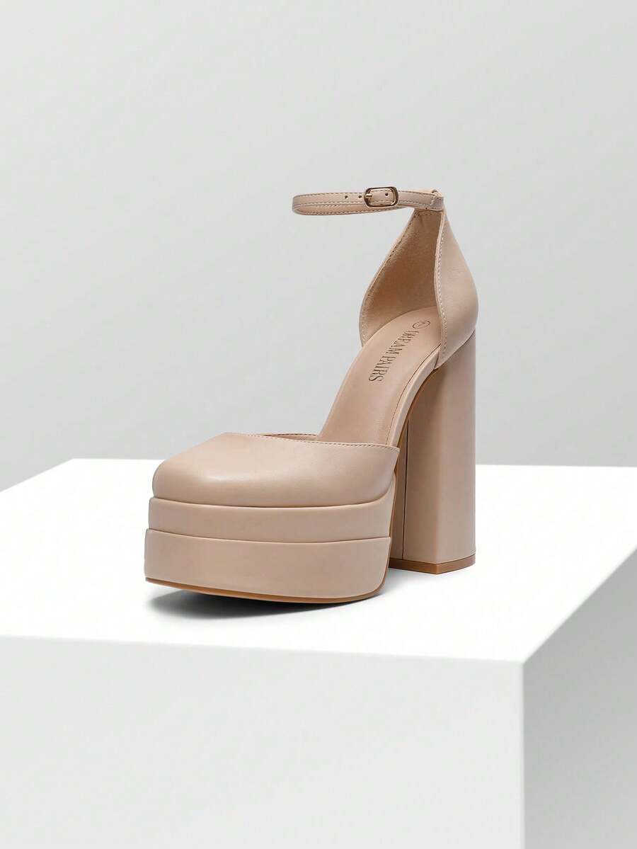 Women's ultra high platform block heels in smooth PU leather with square toe and adjustable buckle ankle strap.