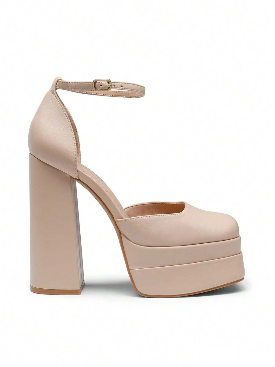 Women's ultra high platform block heels in smooth PU leather with square toe and adjustable buckle ankle strap.