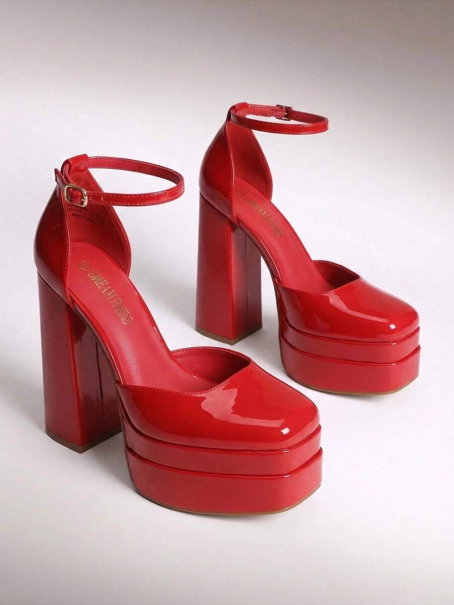 Women's ultra high platform block heels in smooth PU leather with square toe and adjustable buckle ankle strap.