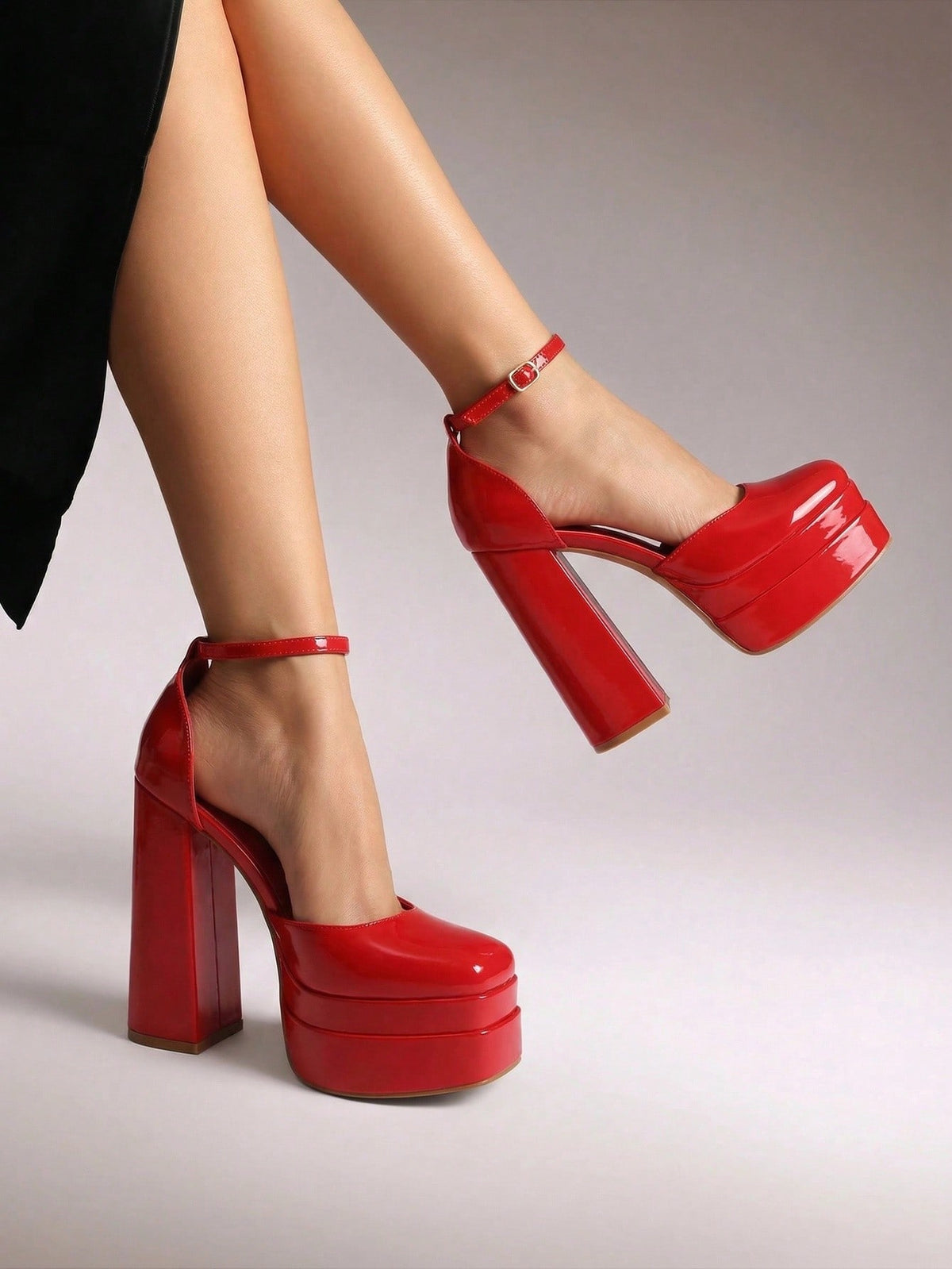 Women's ultra high platform block heels in smooth PU leather with square toe and adjustable buckle ankle strap.