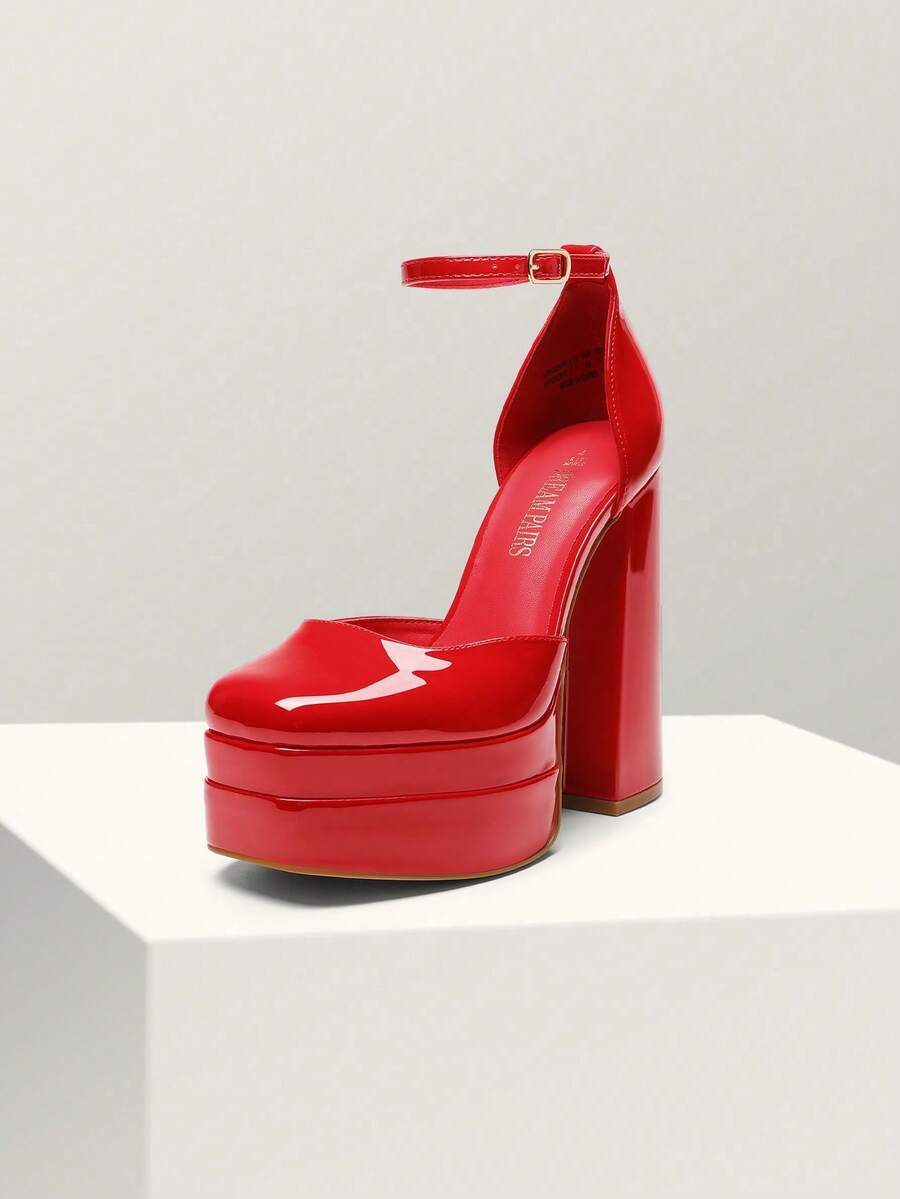 Women's ultra high platform block heels in smooth PU leather with square toe and adjustable buckle ankle strap.