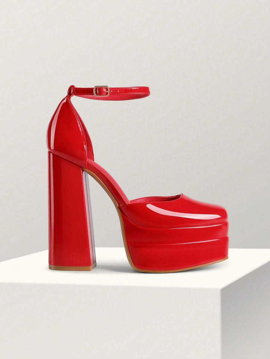 Women's ultra high platform block heels in smooth PU leather with square toe and adjustable buckle ankle strap.