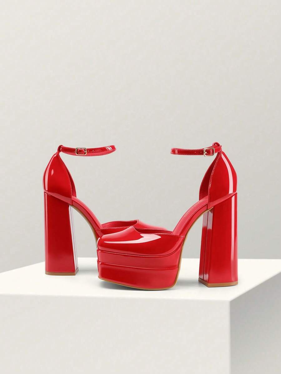 Women's ultra high platform block heels in smooth PU leather with square toe and adjustable buckle ankle strap.