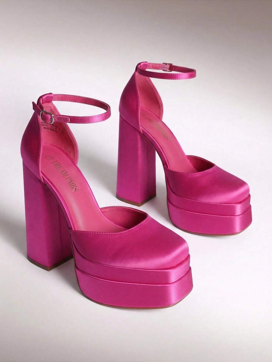 Women's ultra high platform block heels in smooth PU leather with square toe and adjustable buckle ankle strap.