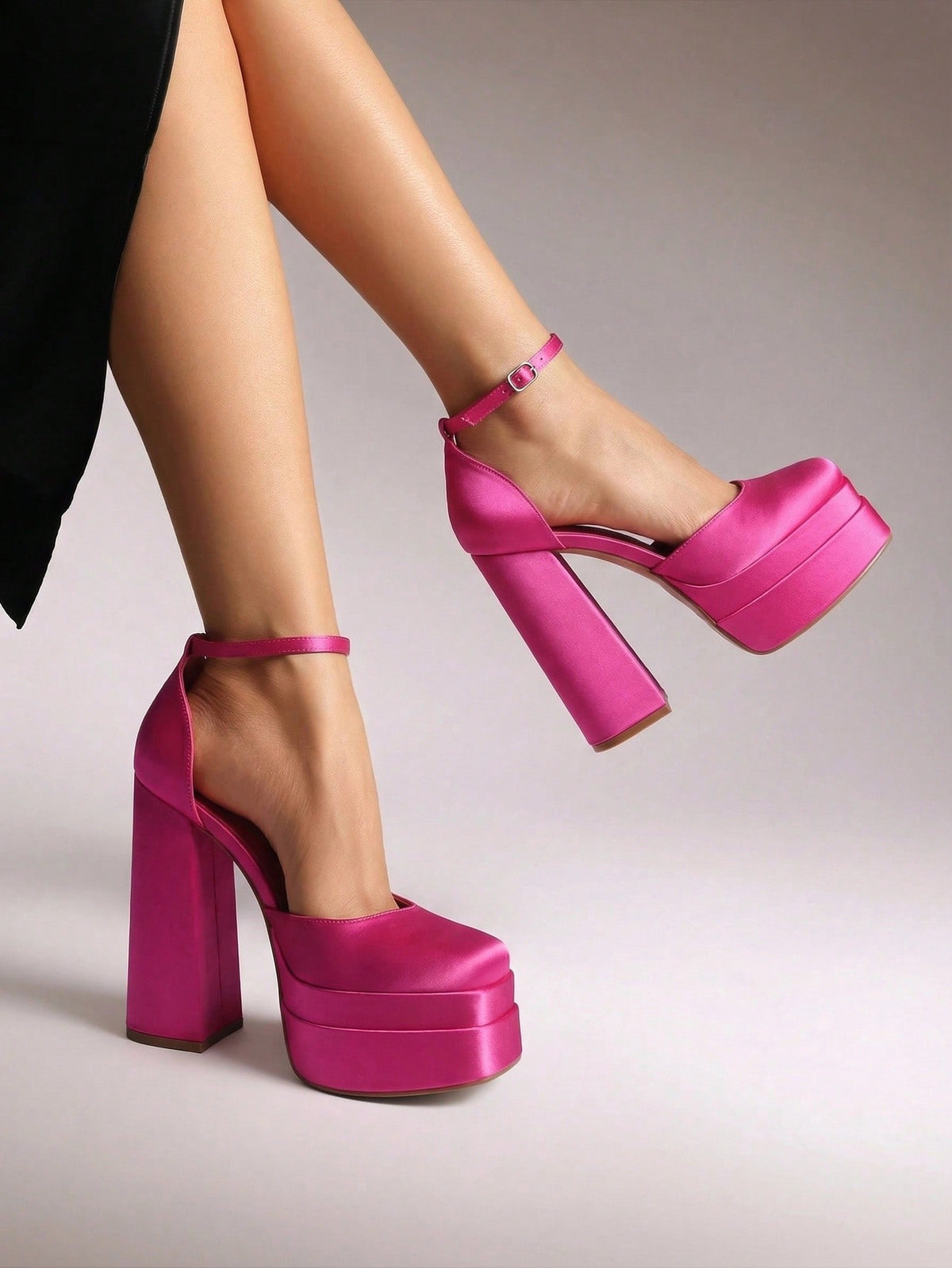 Women's ultra high platform block heels in smooth PU leather with square toe and adjustable buckle ankle strap.