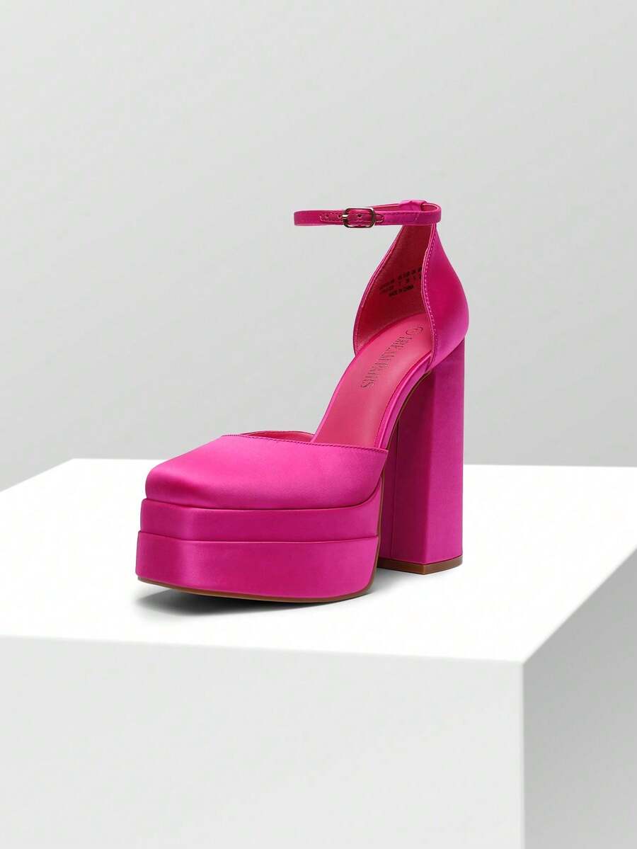 Women's ultra high platform block heels in smooth PU leather with square toe and adjustable buckle ankle strap.