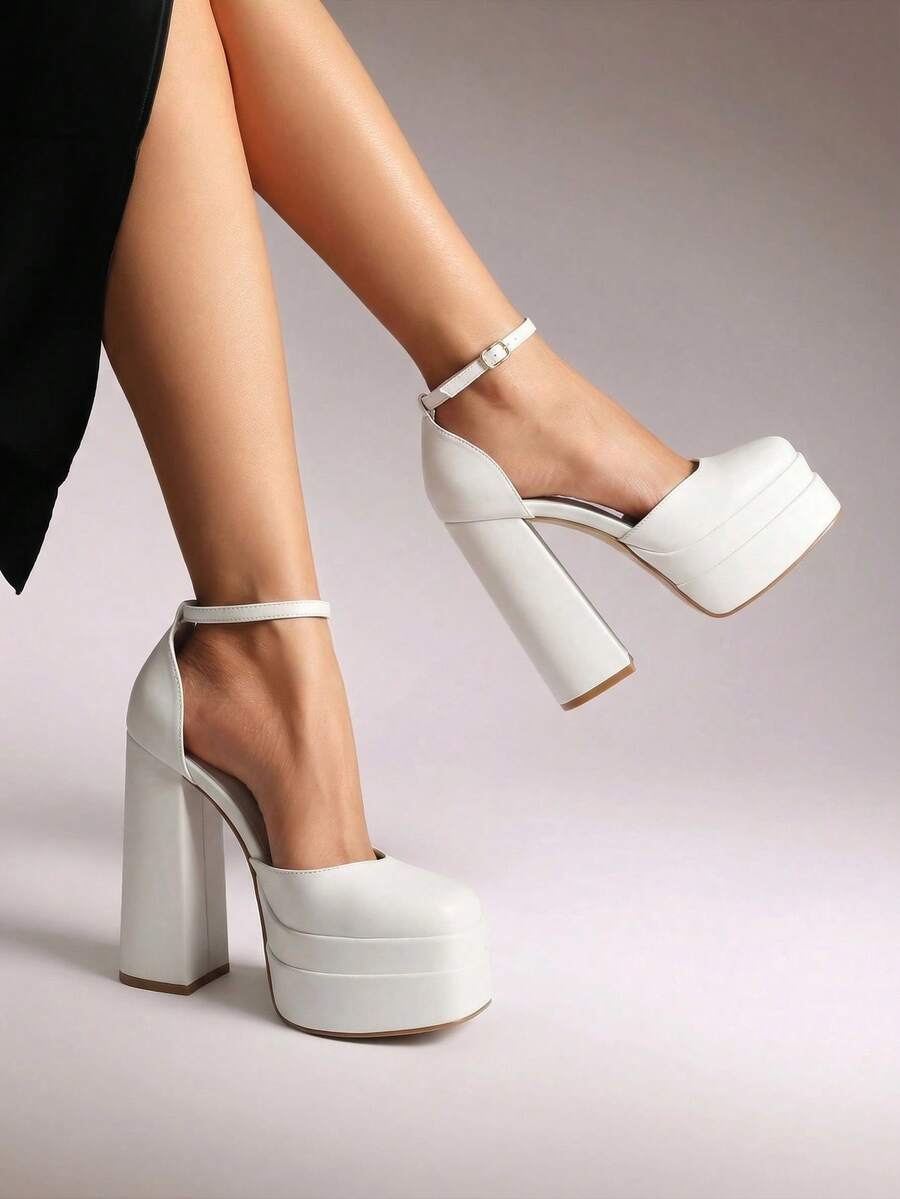 Women's ultra high platform block heels in smooth PU leather with square toe and adjustable buckle ankle strap.