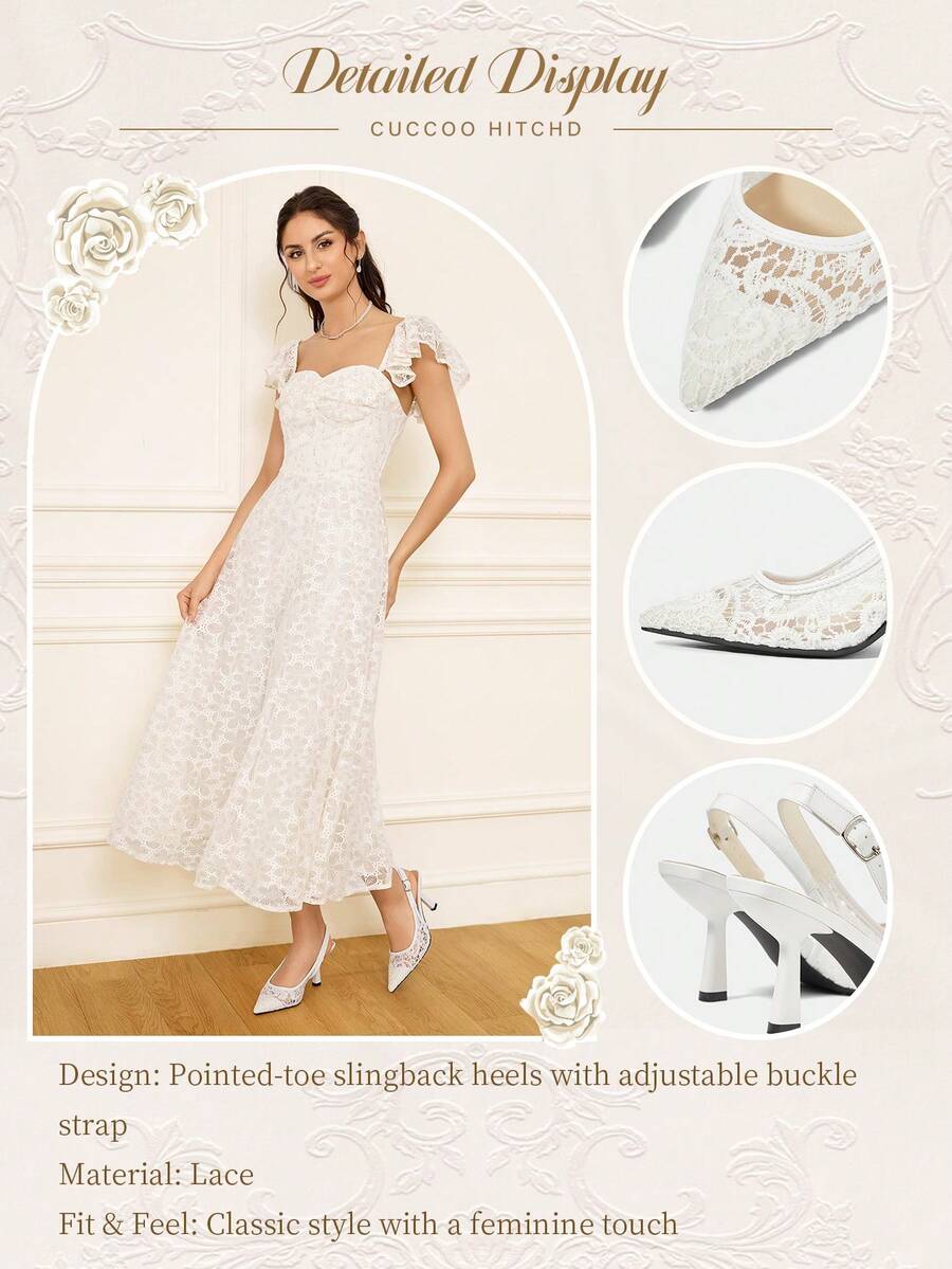 Pointed toe stiletto high heel pumps featuring black lace mesh upper, buckle slingback detail, and sleek slip-on design for weddings and evening wear.