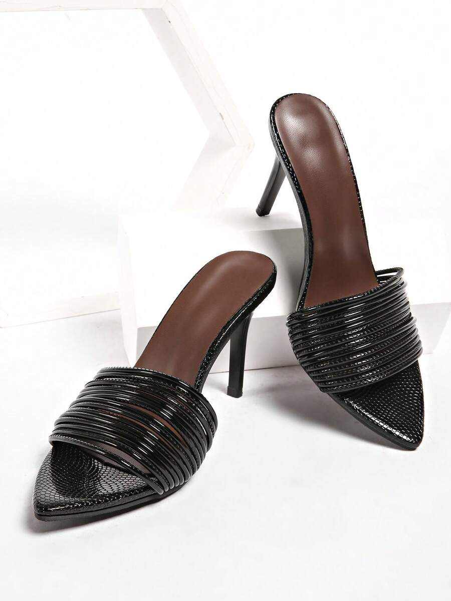 Women's pointed toe high heel mules with stiletto heels and slip-on strap design