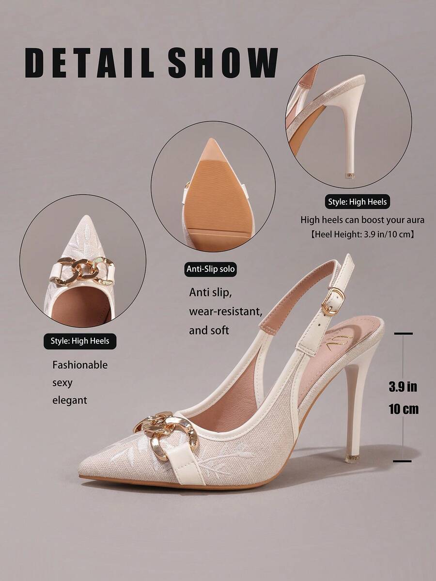 Lace embroidered high heels with thin stiletto heel, pointed toe, rhinestone embellishments, and ankle strap buckle closure.