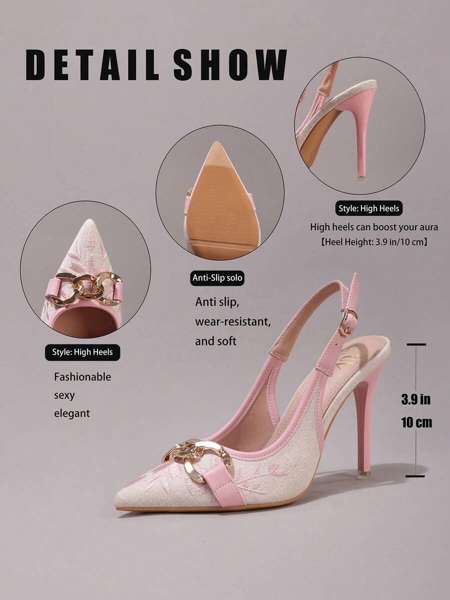 Lace embroidered high heels with thin stiletto heel, pointed toe, rhinestone embellishments, and ankle strap buckle closure.