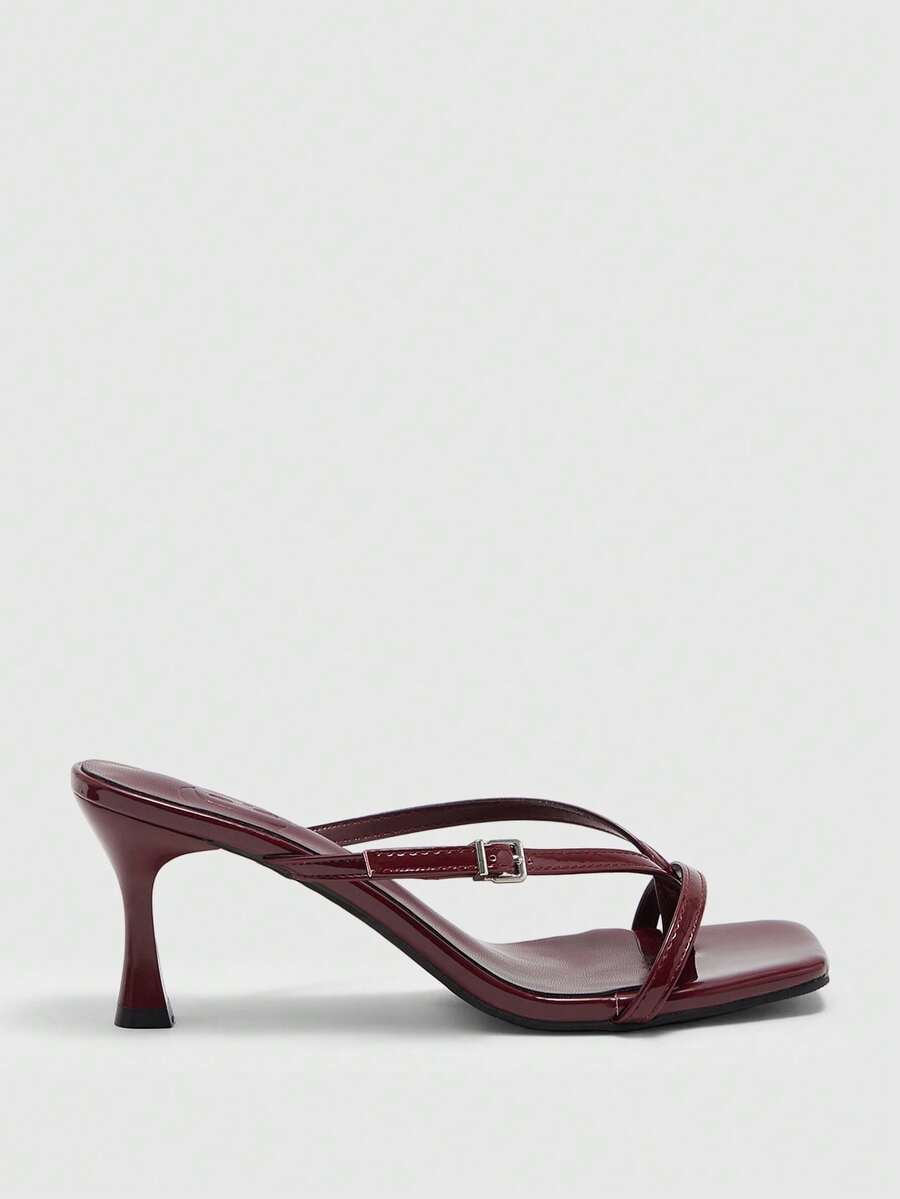 Burgundy square toe kitten heel flip-flops sandals with buckle slingback strap for women