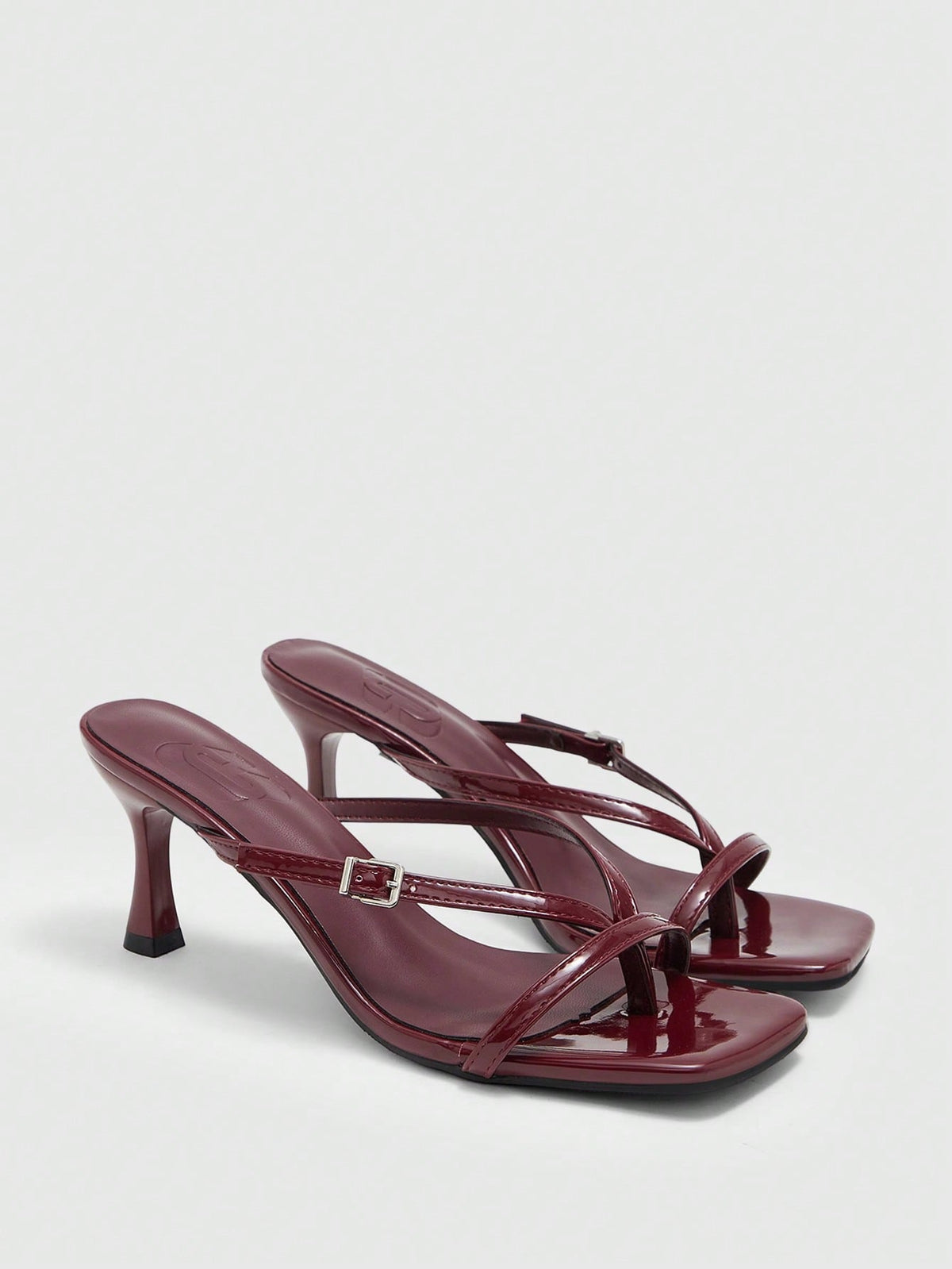 Burgundy square toe kitten heel flip-flops sandals with buckle slingback strap for women