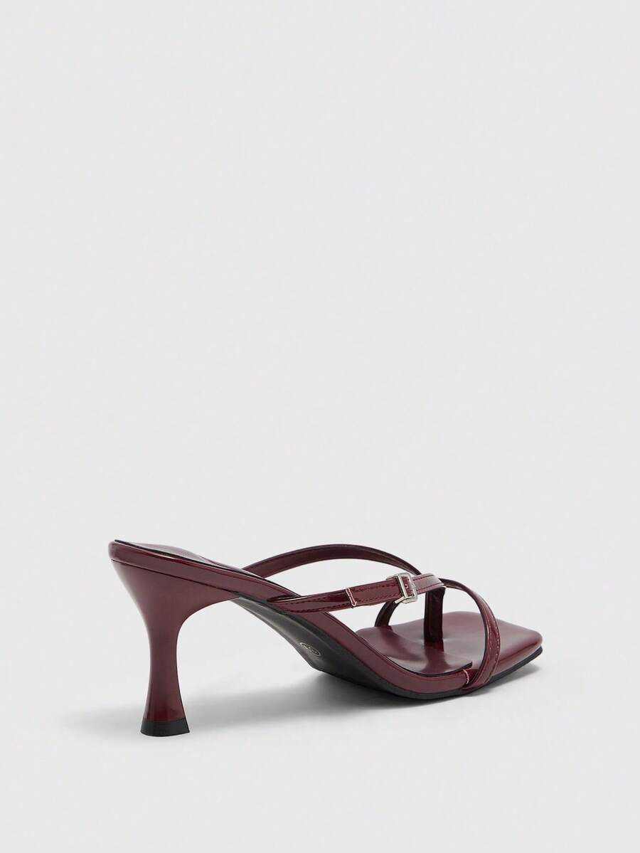 Burgundy square toe kitten heel flip-flops sandals with buckle slingback strap for women
