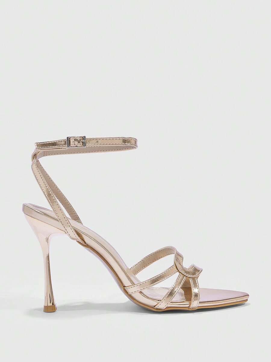 Women's open round toe high heel sandals with thin stiletto heel, hollow strap design, and ankle buckle closure.
