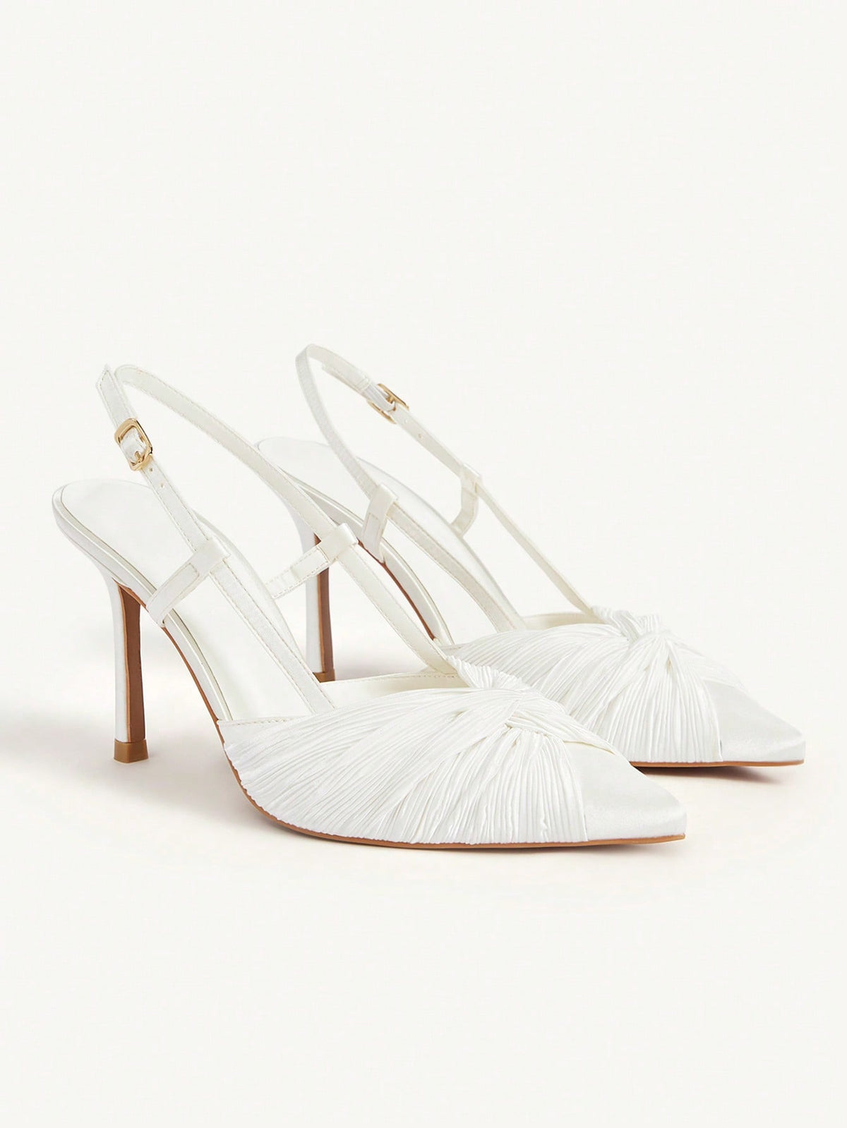 Women's pointed toe high heel slingback shoes featuring a stylish front twist detail, stiletto heel, and adjustable ankle buckle strap.