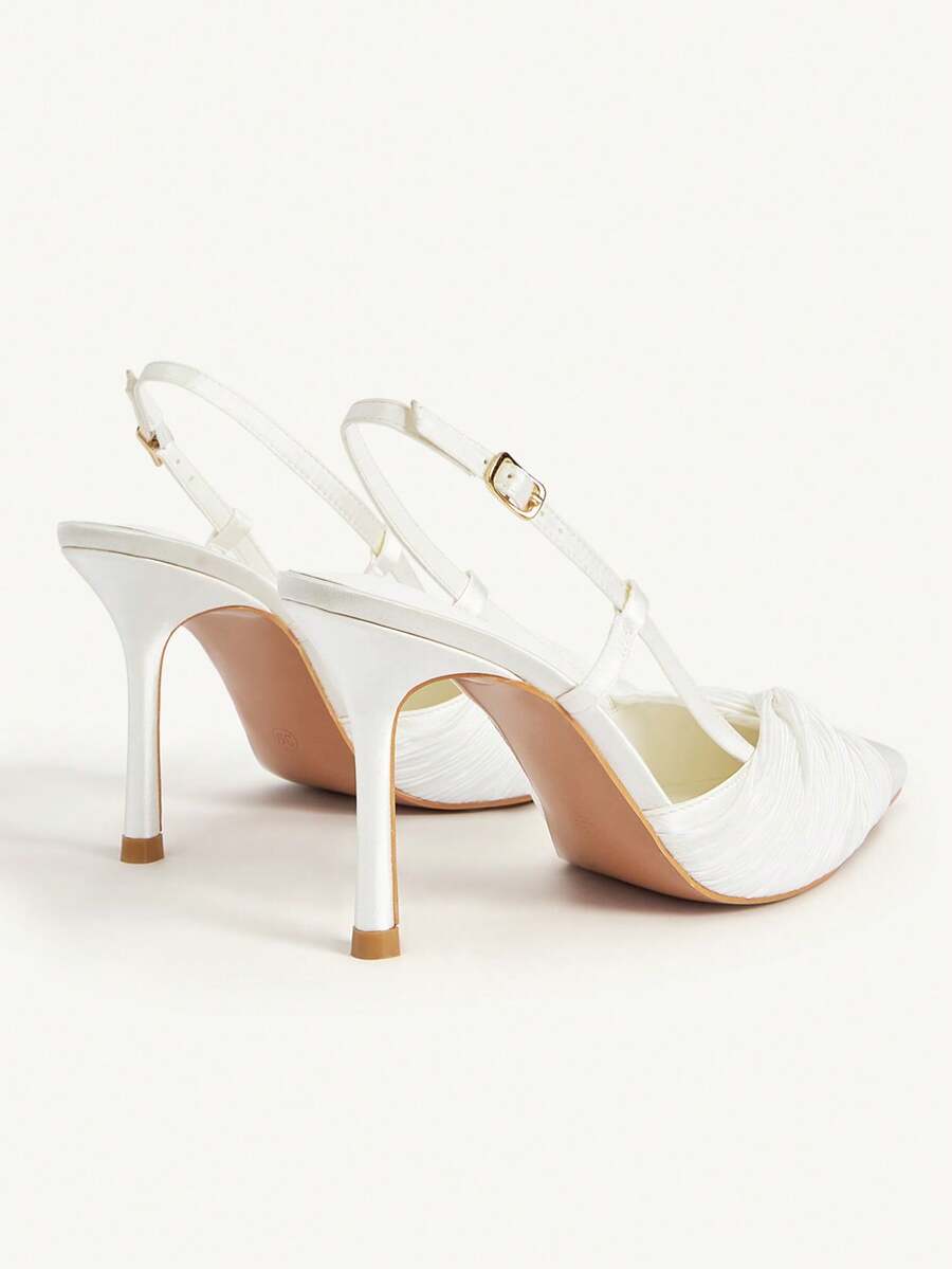 Women's pointed toe high heel slingback shoes featuring a stylish front twist detail, stiletto heel, and adjustable ankle buckle strap.