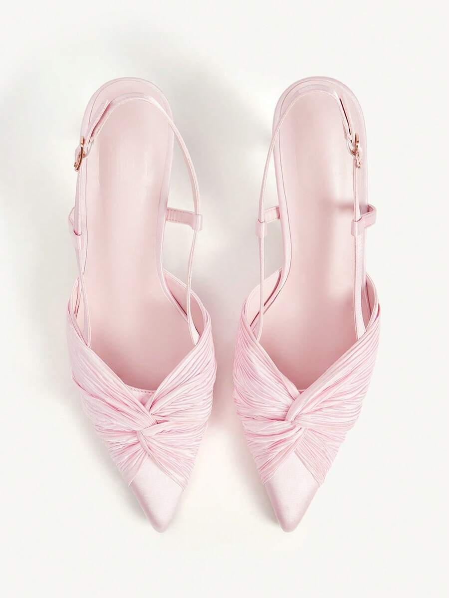 Women's pointed toe high heel slingback shoes featuring a stylish front twist detail, stiletto heel, and adjustable ankle buckle strap.