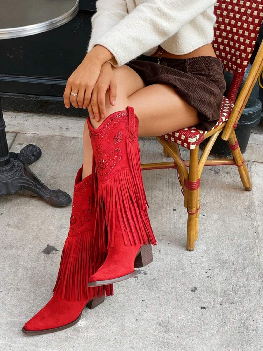 Women's camel suedette knee high western cowgirl boots featuring sparkling rhinestone fringe accents, a pointed toe, and a chunky block heel.