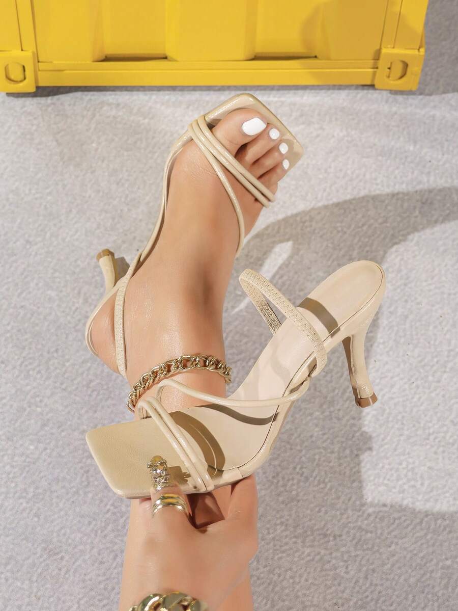 Women's square toe stiletto high heel sandals with open toe and ruched slingback strap