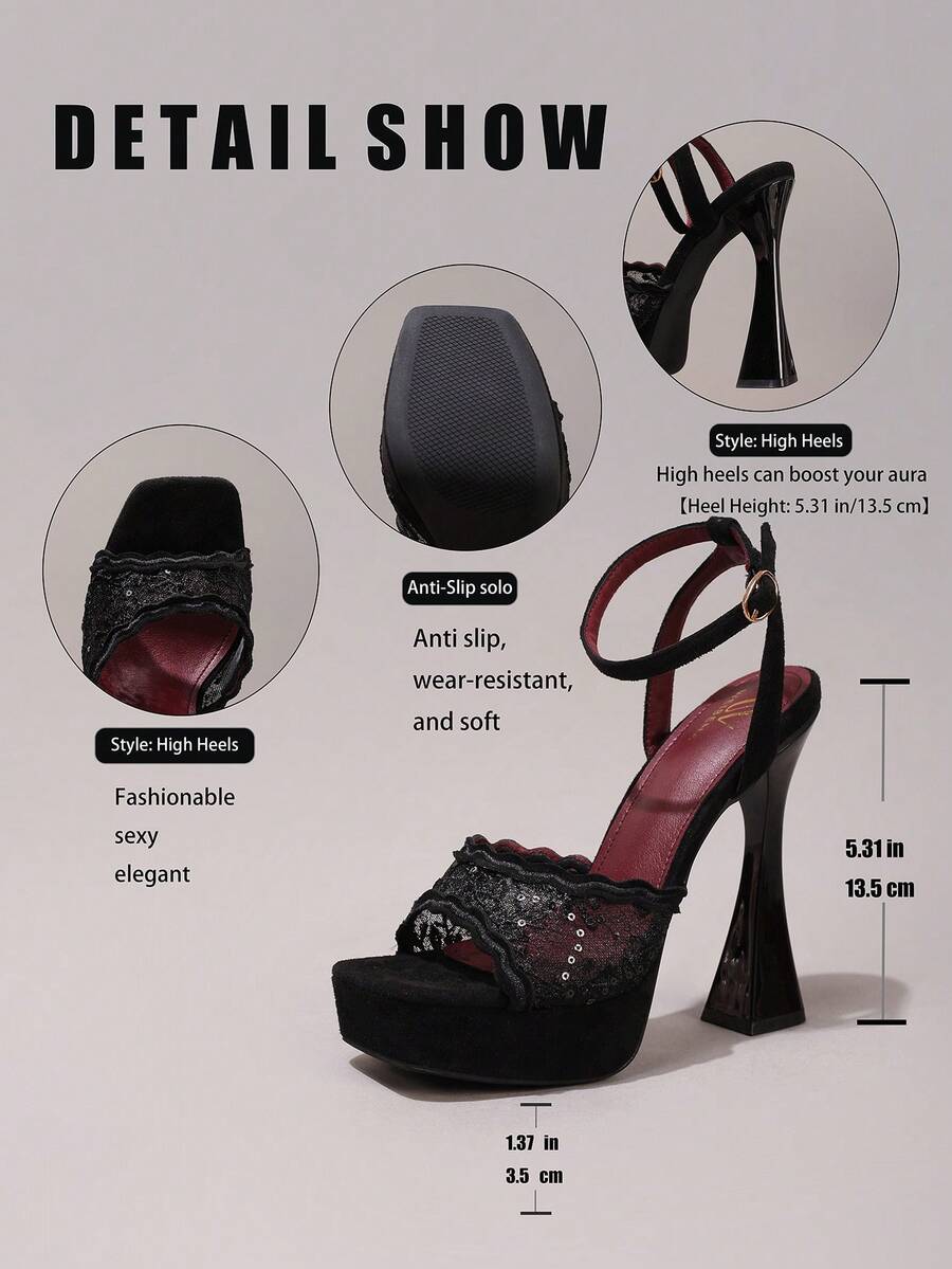 Lace embroidered open toe high heel sandals featuring a chunky square heel, platform wedge, and ankle strap buckle closure.