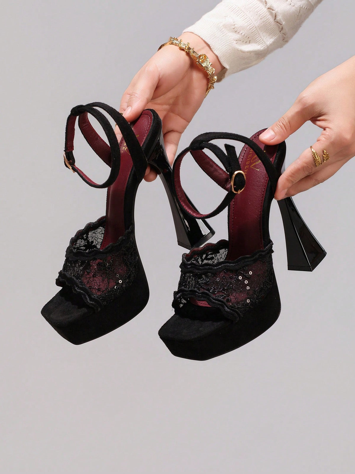 Lace embroidered open toe high heel sandals featuring a chunky square heel, platform wedge, and ankle strap buckle closure.