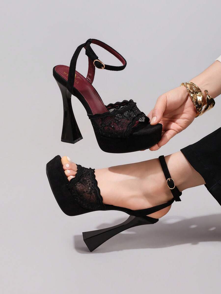 Lace embroidered open toe high heel sandals featuring a chunky square heel, platform wedge, and ankle strap buckle closure.