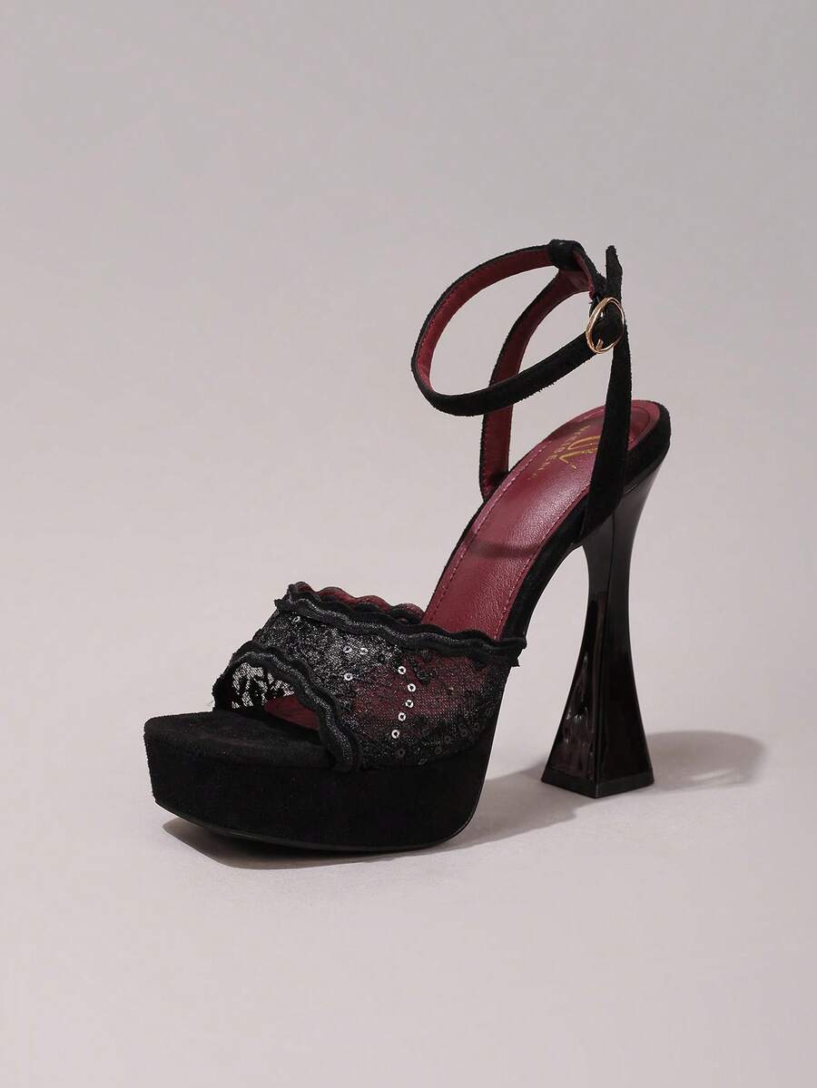 Lace embroidered open toe high heel sandals featuring a chunky square heel, platform wedge, and ankle strap buckle closure.