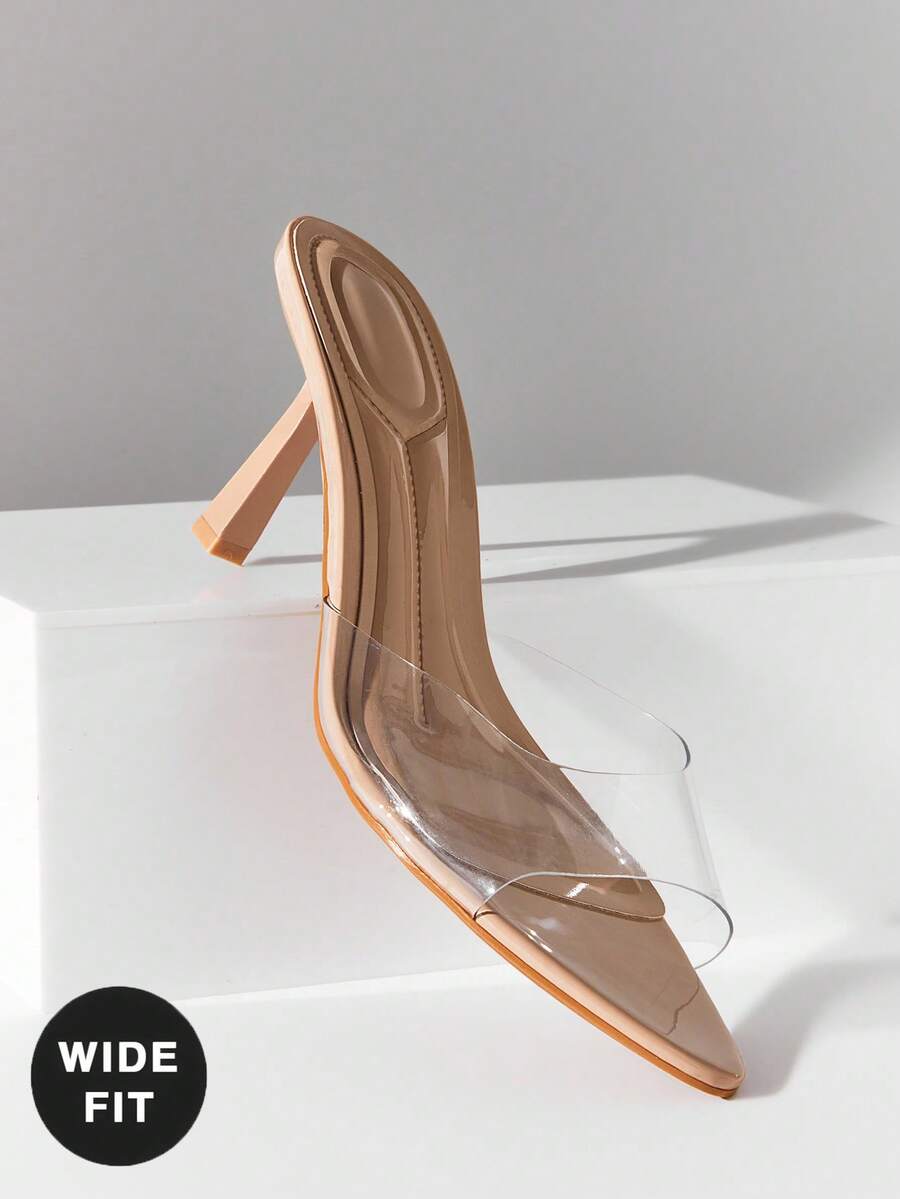 Women's wide-fit stiletto heel sandals in glossy patent PU with a sleek point toe design