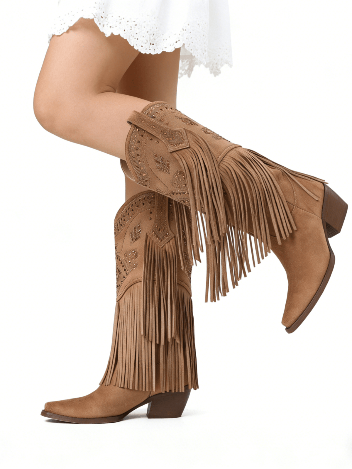 Women's camel suedette knee high western cowgirl boots featuring sparkling rhinestone fringe accents, a pointed toe, and a chunky block heel.