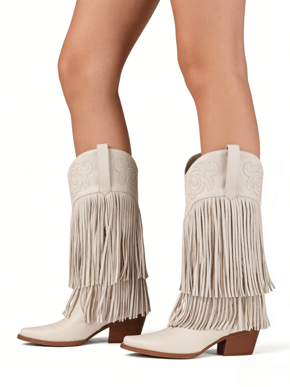 Women's camel suedette knee high western cowgirl boots featuring sparkling rhinestone fringe accents, a pointed toe, and a chunky block heel.