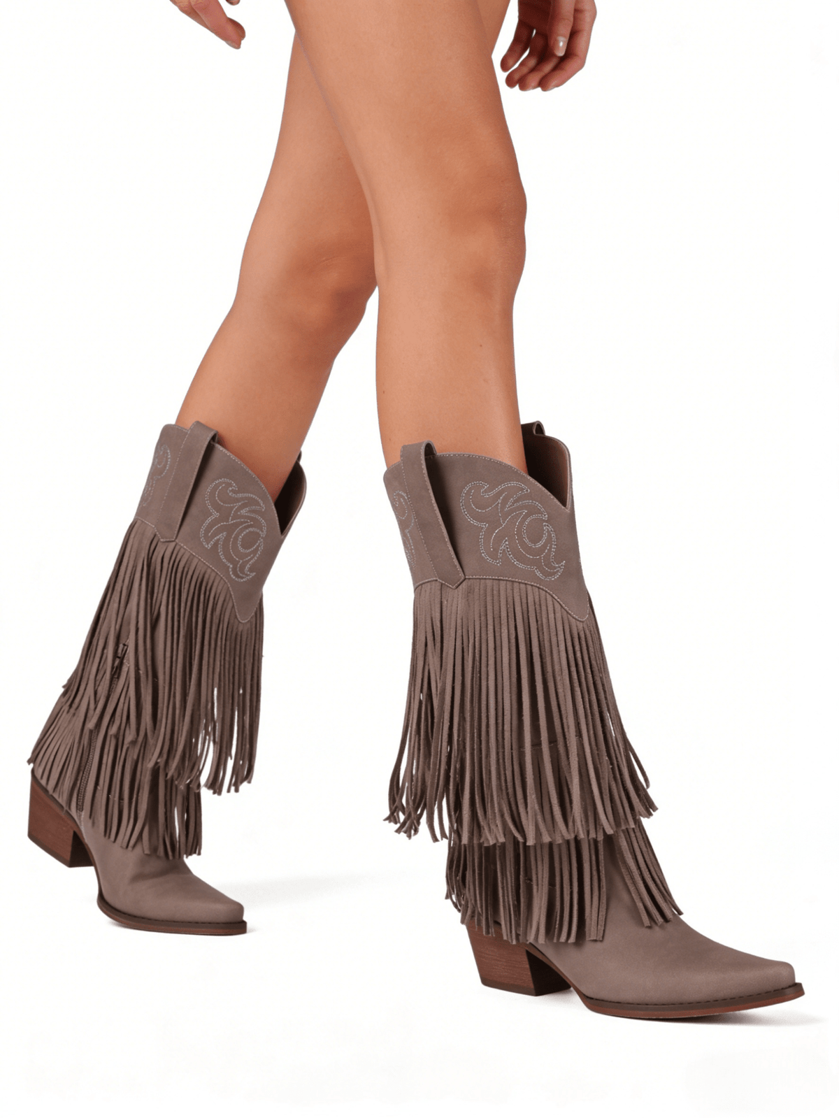 Women's camel suedette knee high western cowgirl boots featuring sparkling rhinestone fringe accents, a pointed toe, and a chunky block heel.