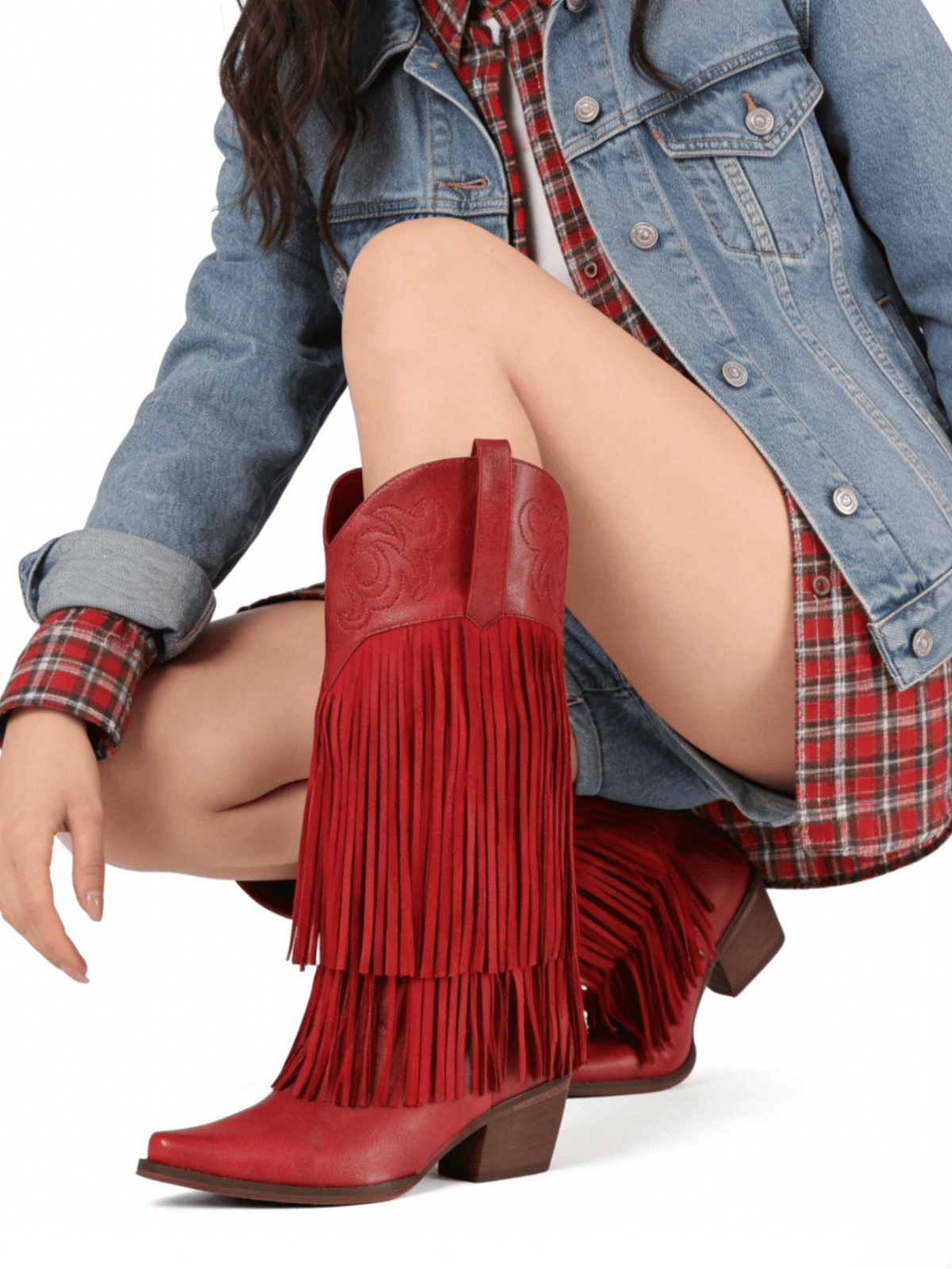 Women's camel suedette knee high western cowgirl boots featuring sparkling rhinestone fringe accents, a pointed toe, and a chunky block heel.