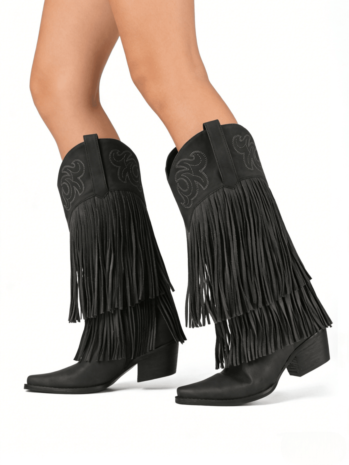 Women's camel suedette knee high western cowgirl boots featuring sparkling rhinestone fringe accents, a pointed toe, and a chunky block heel.