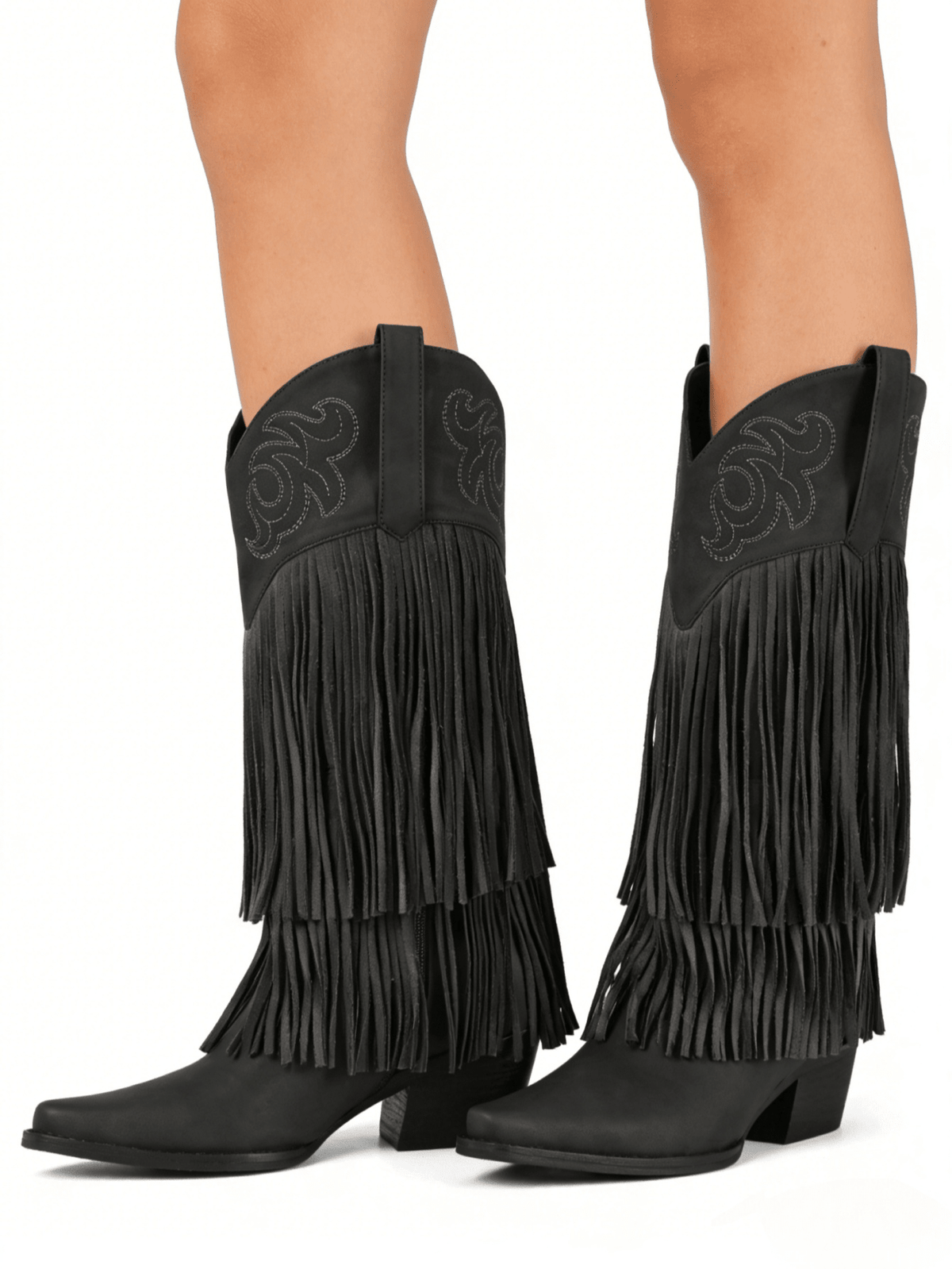 Women's camel suedette knee high western cowgirl boots featuring sparkling rhinestone fringe accents, a pointed toe, and a chunky block heel.