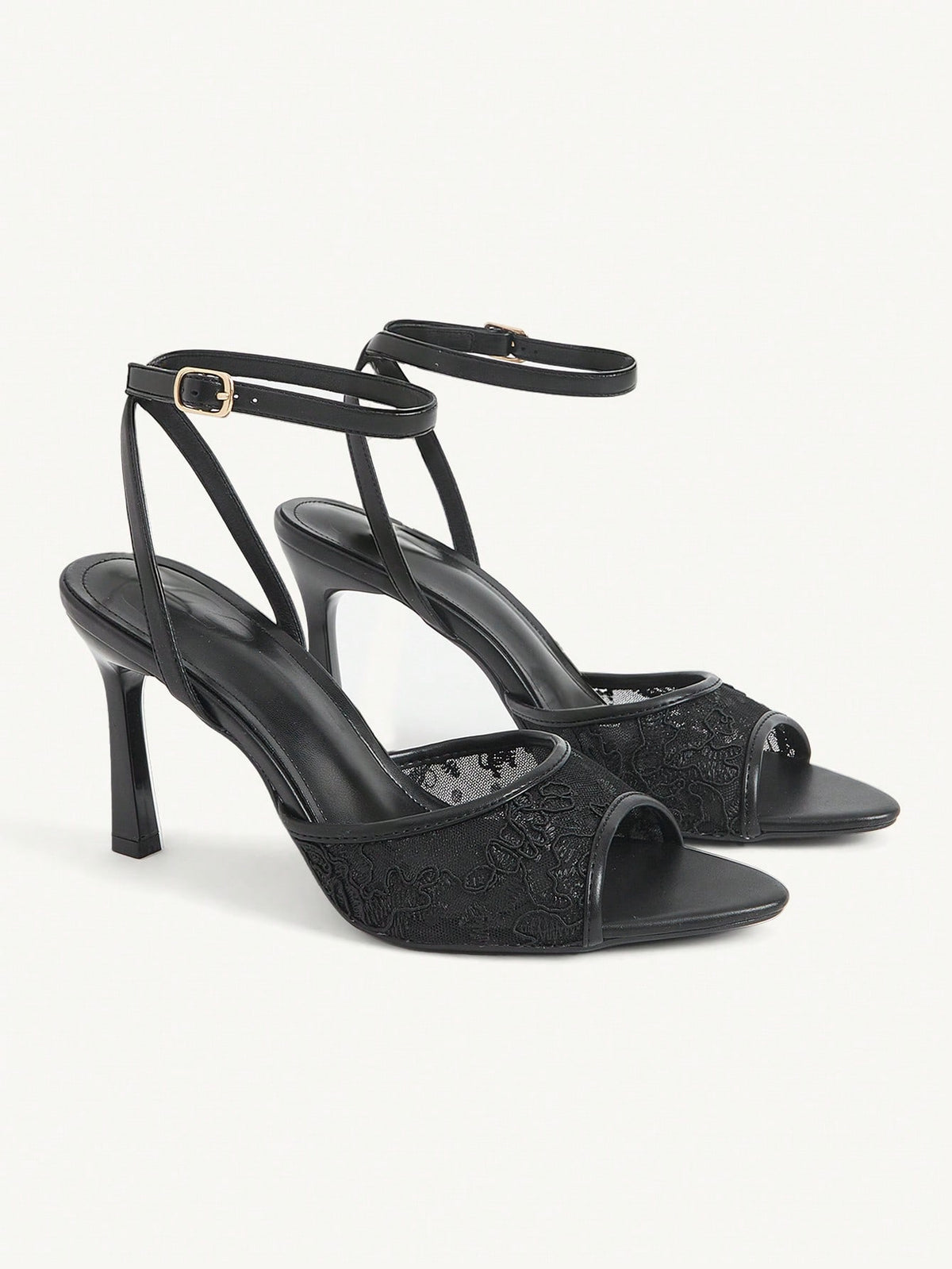 Women's open toe high heel sandals with lace mesh upper, stiletto heel, and ankle strap closure.