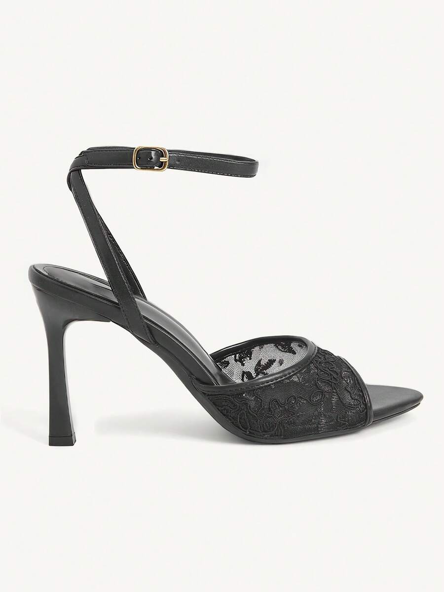 Women's open toe high heel sandals with lace mesh upper, stiletto heel, and ankle strap closure.