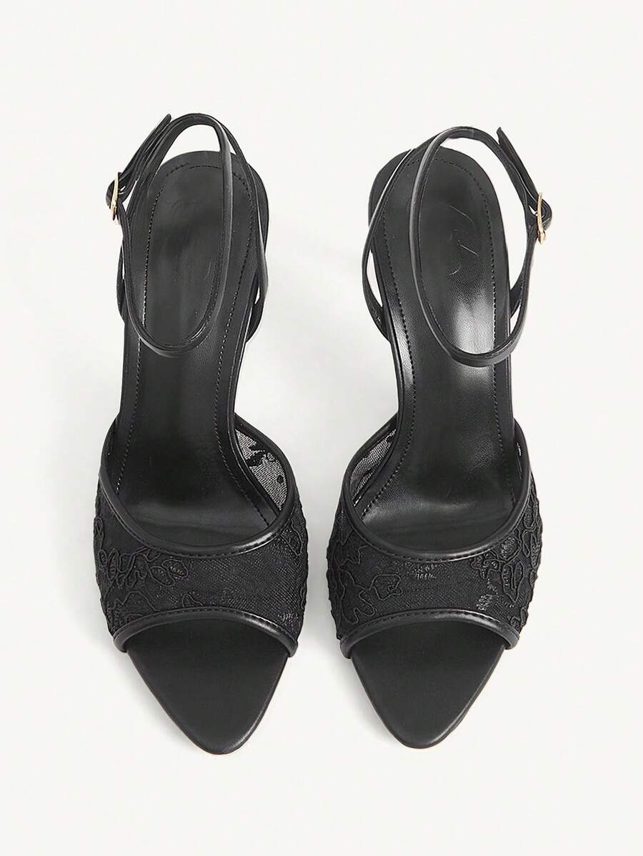 Women's open toe high heel sandals with lace mesh upper, stiletto heel, and ankle strap closure.