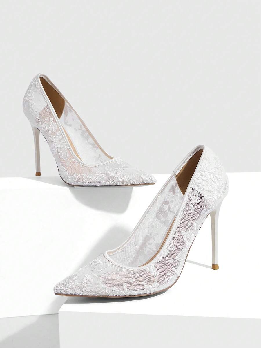 Women's pointed clear lace heels with contrast mesh, floral embroidery, and stiletto high heel with buckle strap.