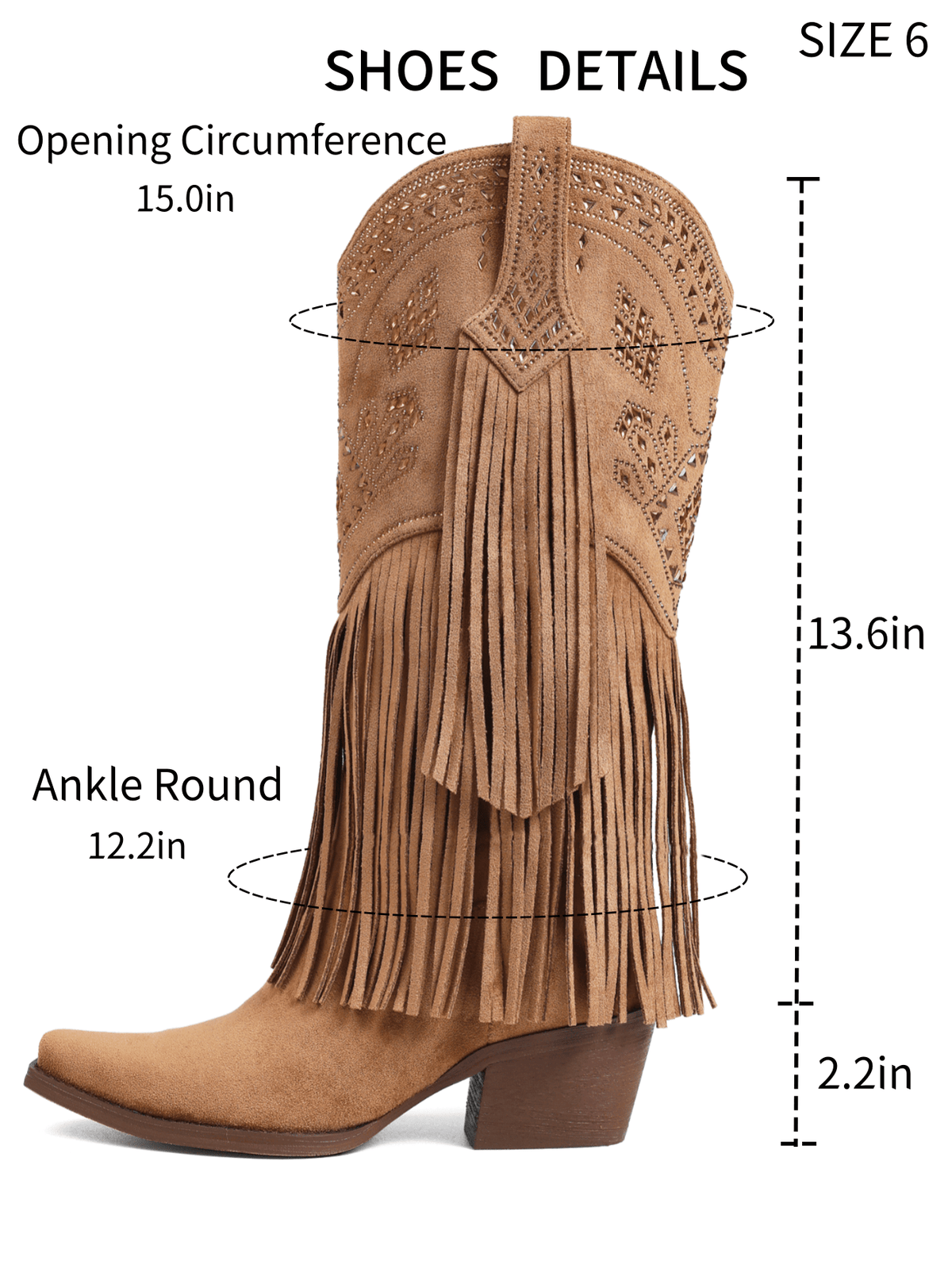 Women's camel suedette knee high western cowgirl boots featuring sparkling rhinestone fringe accents, a pointed toe, and a chunky block heel.