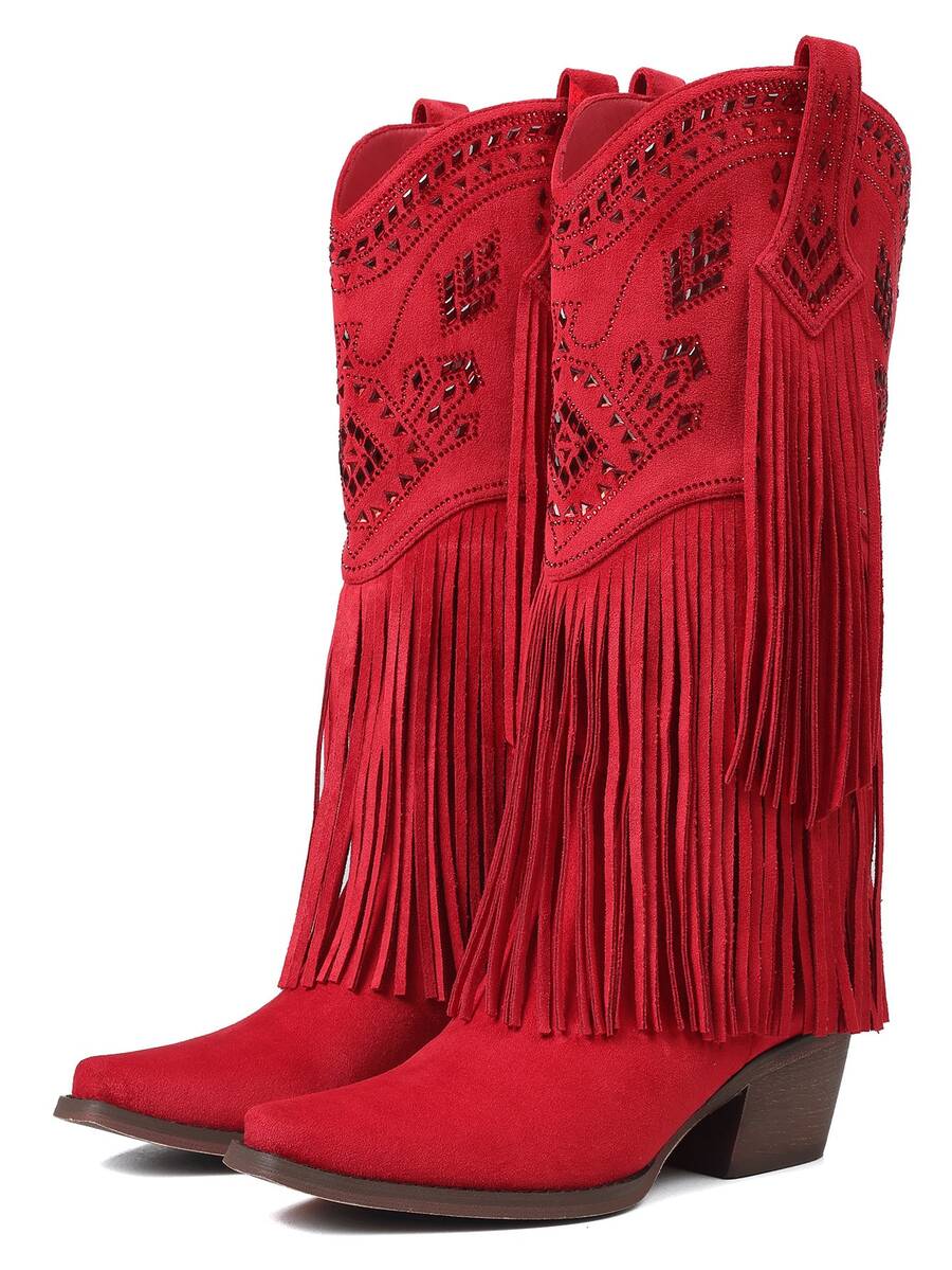 Women's camel suedette knee high western cowgirl boots featuring sparkling rhinestone fringe accents, a pointed toe, and a chunky block heel.