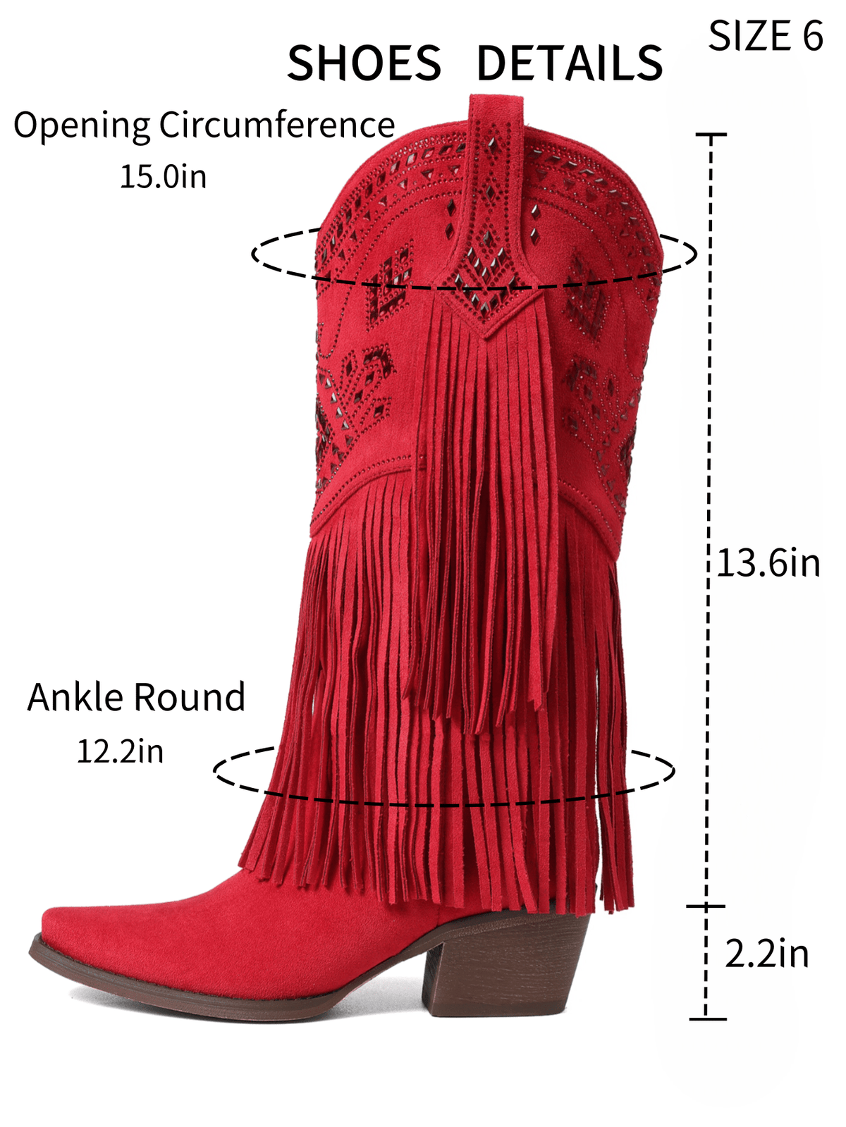 Women's camel suedette knee high western cowgirl boots featuring sparkling rhinestone fringe accents, a pointed toe, and a chunky block heel.