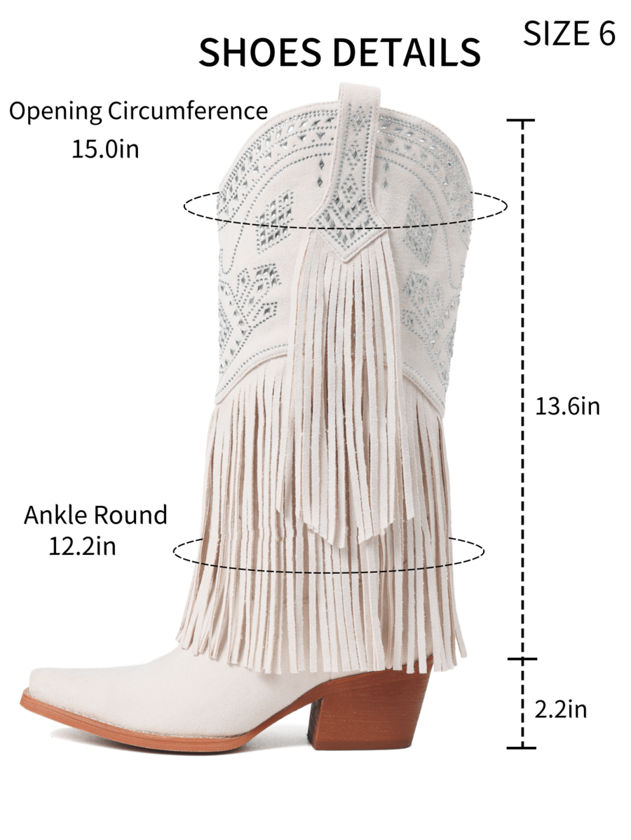 Women's camel suedette knee high western cowgirl boots featuring sparkling rhinestone fringe accents, a pointed toe, and a chunky block heel.