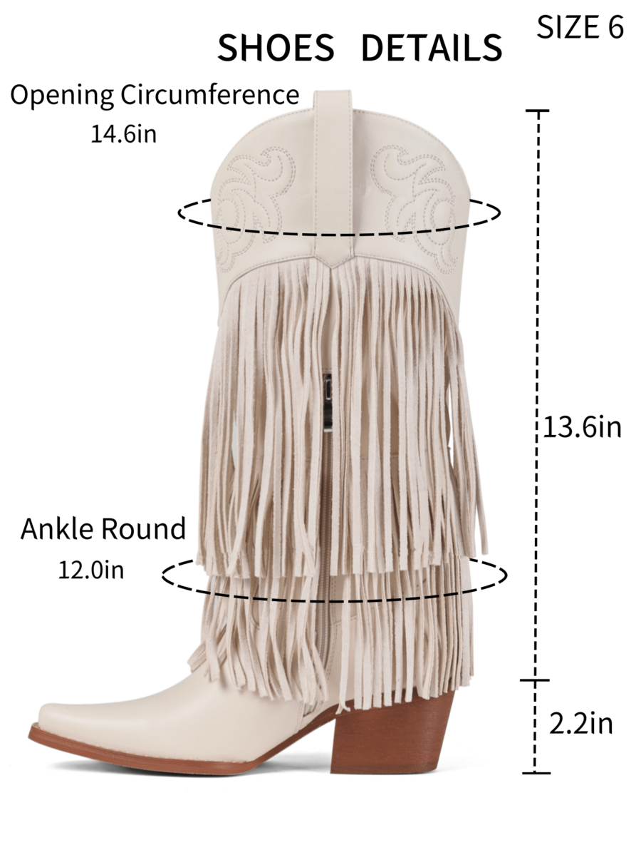 Women's camel suedette knee high western cowgirl boots featuring sparkling rhinestone fringe accents, a pointed toe, and a chunky block heel.